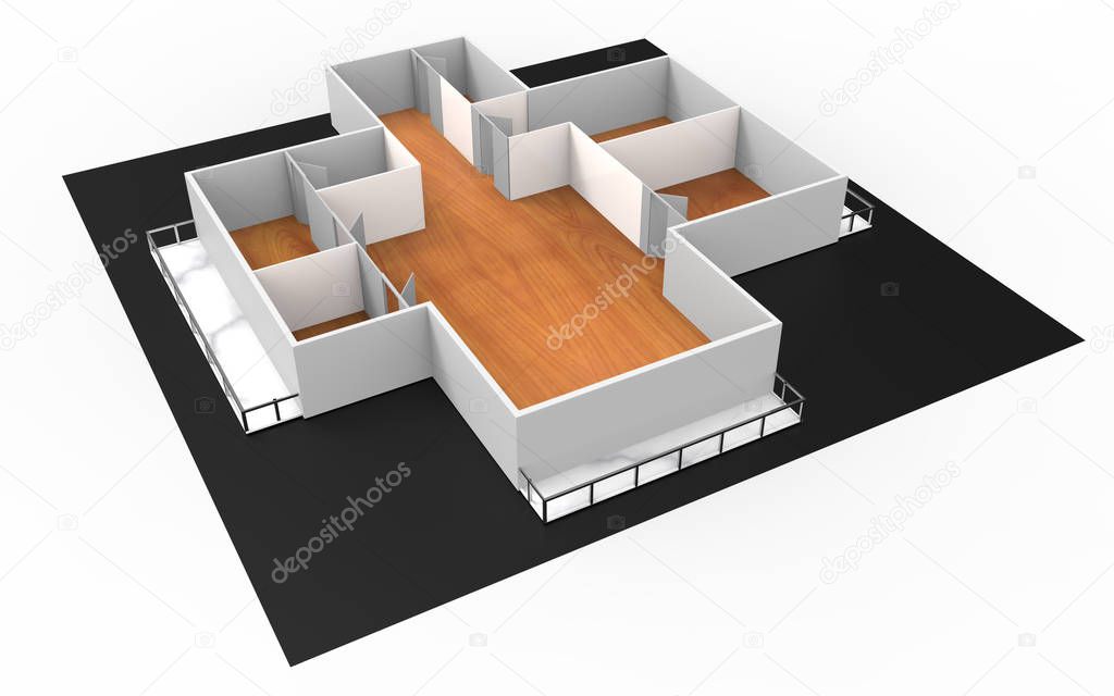 Empty house interior model showing walls, doors and floor. 3d illustration