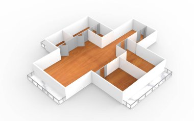 Boş ev iç modeli duvarları, kapıları ve zemini gösteriyor. 3d illüstrasyon