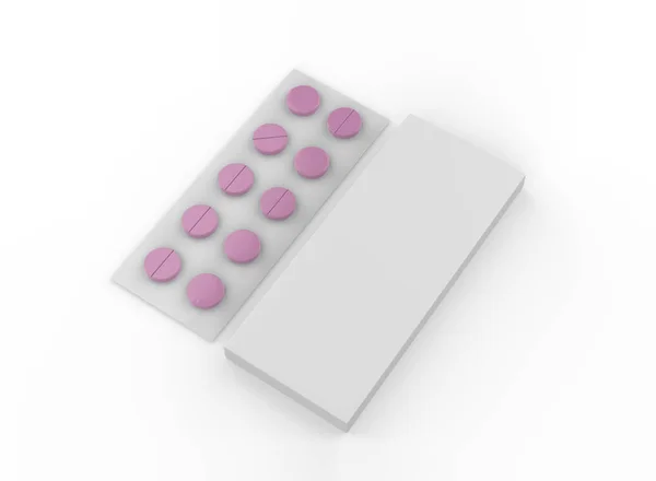Blister Realistico Con Pillole Modello Imballaggio Farmaci Medici Con Scatola — Foto Stock
