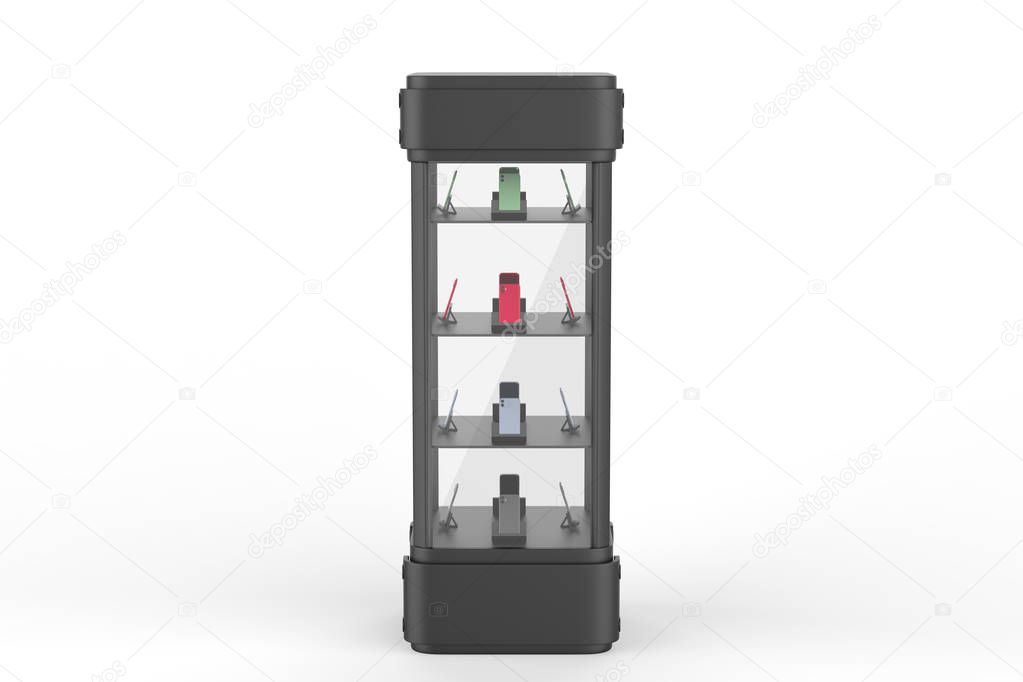 Transparent Display Case Glass Showcase Mobile Phone Display Counter. 3d illustration