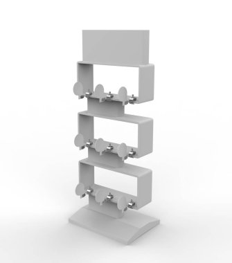 Beyaz arka planda raf durdurucu ya da Shelf Wobbler. 3B illüstrasyon 