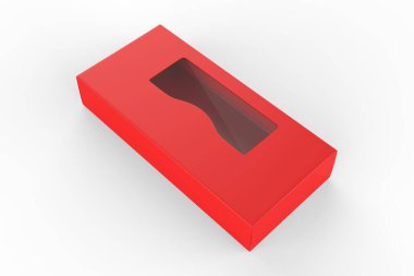 Şeffaf plastik pencereli paket kutusu. Ürün paketleme. 3d illüstrasyon