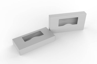 Şeffaf plastik pencereli paket kutusu. Ürün paketleme. 3d illüstrasyon