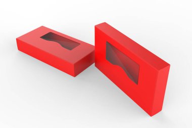Şeffaf plastik pencereli paket kutusu. Ürün paketleme. 3d illüstrasyon