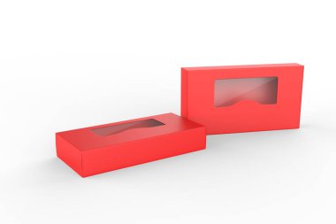 Şeffaf plastik pencereli paket kutusu. Ürün paketleme. 3d illüstrasyon