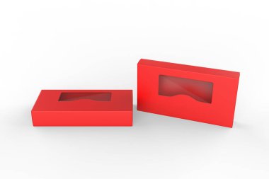 Şeffaf plastik pencereli paket kutusu. Ürün paketleme. 3d illüstrasyon