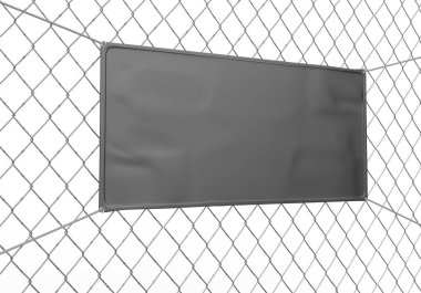 Açık havada boş bir vinil pankart çitte asılı duruyor. 3d illüstrasyon.
