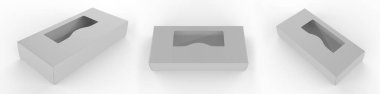 Şeffaf plastik pencereli paket kutusu. Ürün paketleme. 3d illüstrasyon