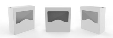 Şeffaf plastik pencereli paket kutusu. Ürün paketleme. 3d illüstrasyon