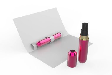 Parfüm atomları koku için gerçekçi sprey kılıfları çizer. Beyaz arka planda izole edilmiş açık ambalaj. 3d illüstrasyon