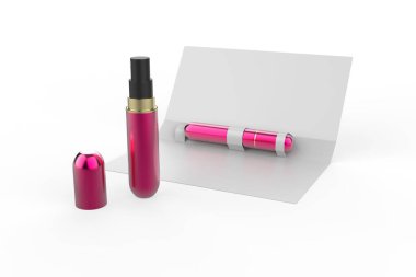 Parfüm atomları koku için gerçekçi sprey kılıfları çizer. Beyaz arka planda izole edilmiş açık ambalaj. 3d illüstrasyon