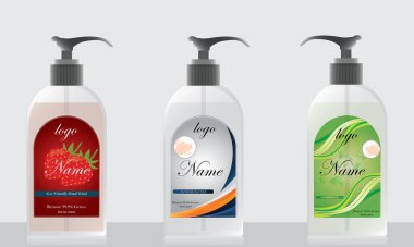 Ürününüz için etiketli sıvı sabun şişesi. Etiketli plastik şişe modellemeye hazır. vektör
