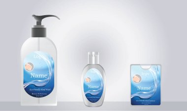 Sıvı sabun ve el dezenfektanı. Etiket tasarımı hazır. vektör illüstrasyonu