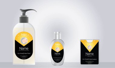 Sıvı sabun ve el dezenfektanı. Etiket tasarımı hazır. vektör illüstrasyonu