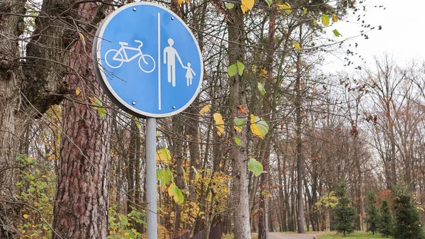 가을에 공원의 나무와 푸른 하늘 배경에 흰색 파란색 표지가 있는 보행자와 자전거 도로 표지판. 보행자와 자전거를 타는 사람들을 위한 별도 의도 로 — 스톡 사진