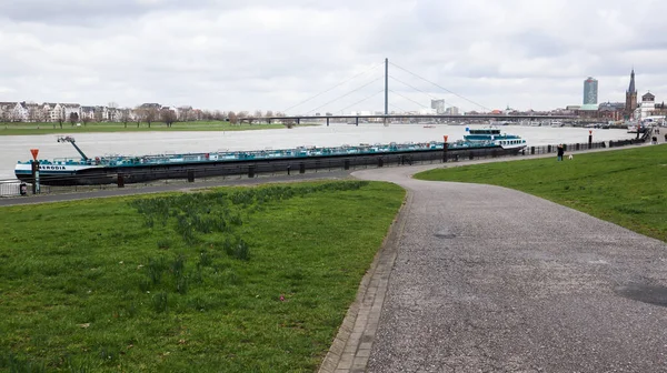 Dusseldorf, Germany - February 20, 2020: view of the Rhine river, promenade and bridge. View over a walk on the banks of the Rhine river in Dusseldorf on a clear spring day, North Rhine Westphalia. — ストック写真