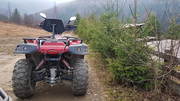 Toprak yolda kırmızı ATV, yakın plan, dikiz manzaralı. Dört tekerlekli araba. Dört tekerli bisiklet, arazi aracı. Güçlü bacakları olan büyük tekerlekler. Karpatlar 'da dağ turu