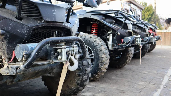 Many Parked Atvs Dirt Road Close Four Wheel Car All — Stock Photo, Image