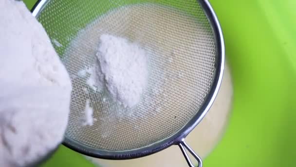 Cook Sift Flour Metal Sieve Bowl Mixture Eggs Sugar Milk — Stock Video