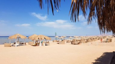 Sharm El Sheikh 'te Kızıl Deniz kıyılarında sazdan şemsiyeleri olan güzel bir tropikal plaj. Yaz manzarası Mısır 'da güzel güneşli plajlar. Tatil, seyahat, tatil kavramı..