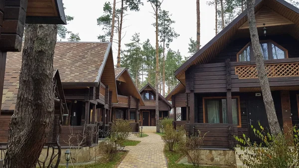 Ukraina Kijów Kwietnia 2020 Wiejski Hotel Brązowymi Drewnianymi Pensjonatami Wieś — Zdjęcie stockowe