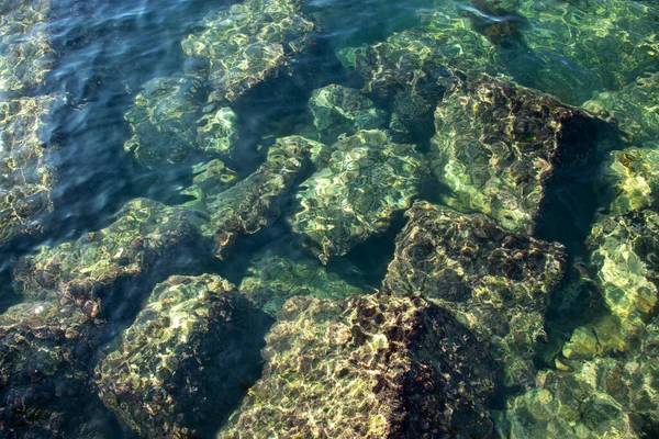 Mavi denizde büyük su altı deniz taşları