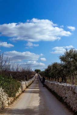 Bulutların altında kuru taş duvarlar olan kırsalda bir cadde.