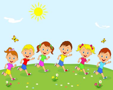 çocuklar ve girsl çayır üzerinde çalışan