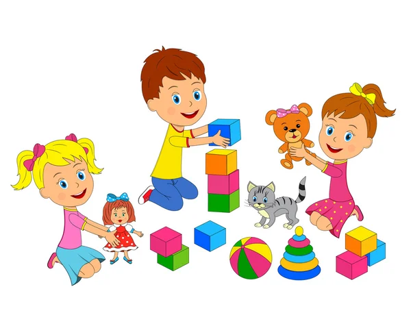 Αγόρι και κορίτσια παίζουν με τα παιχνίδια — Διανυσματικό Αρχείο