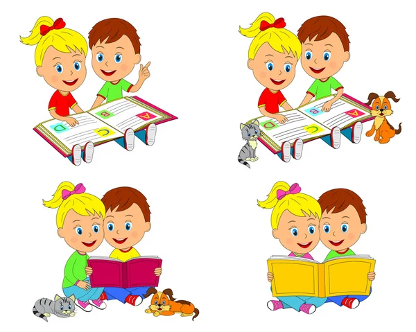 Niño y niña están sentados y leyendo un libro — Archivo Imágenes Vectoriales