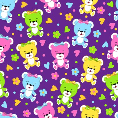 seamless,pattern with bear toys,flower and heat on a lilac  back clipart