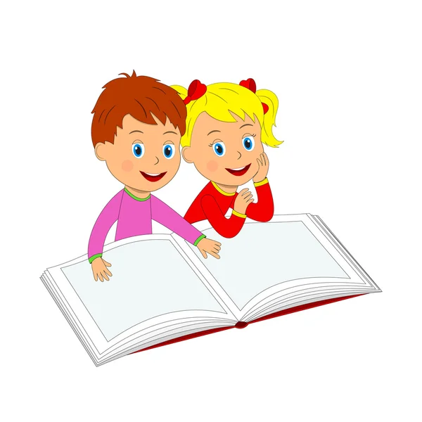Niño y niña están leyendo un libro — Vector de stock