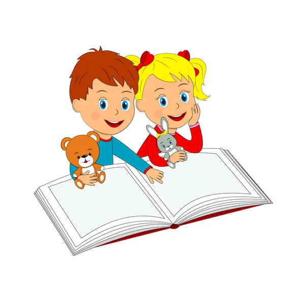 Niño y niña con juguete y libro — Vector de stock