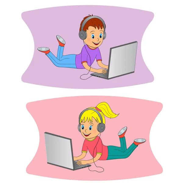 Niño y niña con auriculares y portátil — Vector de stock