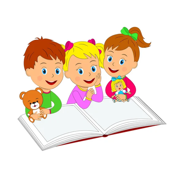 Jongen en meisjes met speelgoed en boek — Stockvector