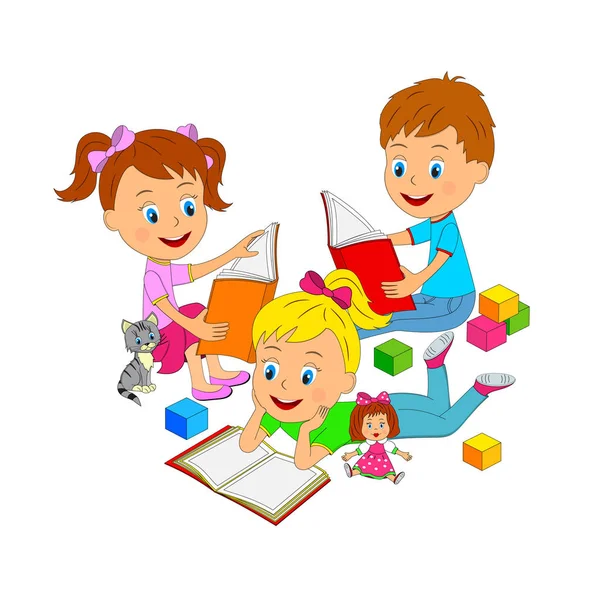 Niño y niñas leer libros — Vector de stock