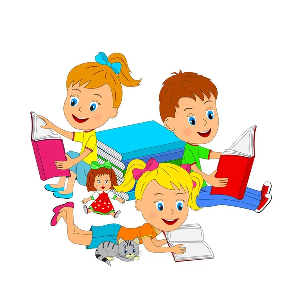 Niño y niñas leyendo un libro — Vector de stock