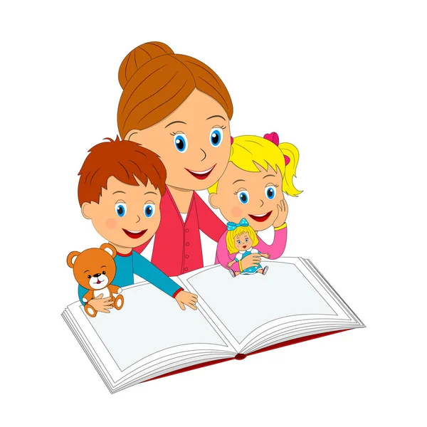 Menino, menina e mulher com livro e brinquedo — Vetor de Stock