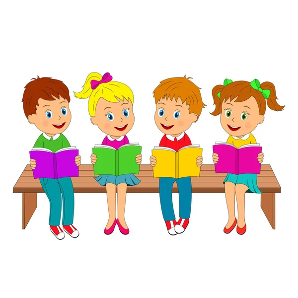 Garçons et filles avec des livres sur le banc — Image vectorielle
