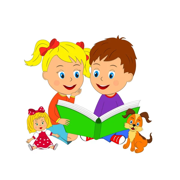 Boy and girl sit and read book — Stock Vector