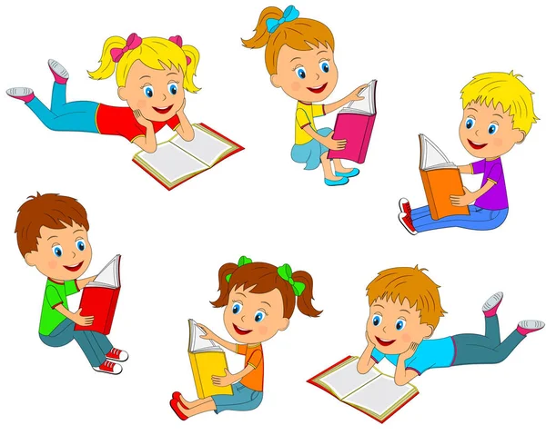 Niños y niñas leyendo una colección de libros — Vector de stock