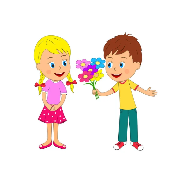 Junge mit Blumen und Mädchen — Stockvektor
