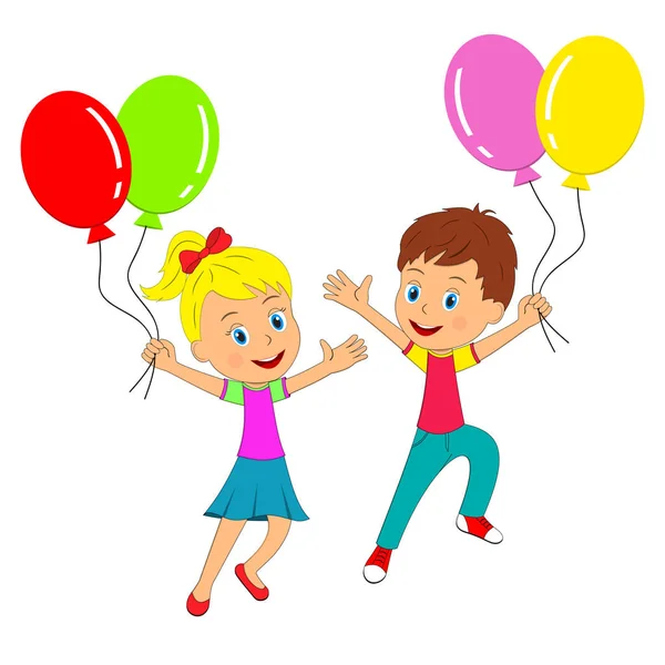 Niño y niña saltan con globos — Archivo Imágenes Vectoriales