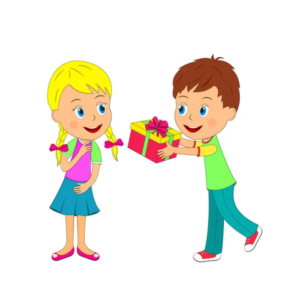 Junge mit Geschenk und Mädchen auf weißem Hintergrund — Stockvektor