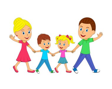 Mutlu aile git, gülümseyen, sallayarak ve elele