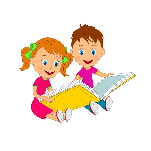 男孩和女孩坐在读一本书 — 图库矢量图片