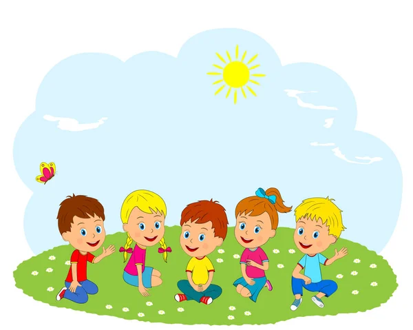 Boys and girls are sitting on the meadow — Stock Vector