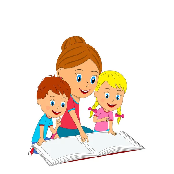 Garçon, fille et femme lisent un livre — Image vectorielle