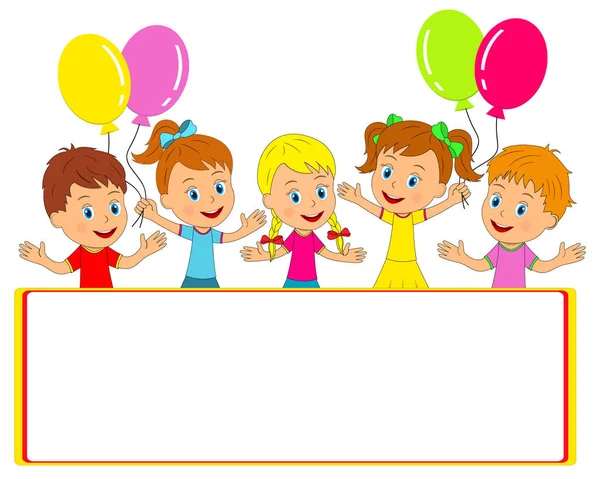 Kleine jongen en meisje met ballonnen en frame — Stockvector