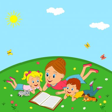 Anne ve çocuk bir çayır üzerinde kitap okuma